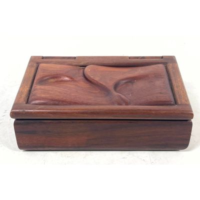 Handcrafted Modernist Mixed Wood Trinket Box with Biomorphic Carved Relief Lid and Integrated Wood H