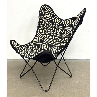Butterfly Chair Black Ivory Aztec Print Cover. Black Steel Frame, in the style of Hardoy BKF Chair
