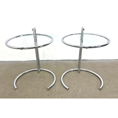 Pair Eileen Gray Glass and Chrome Adjustable Side Tables. Unmarked.