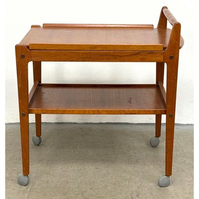 Mid-Century Modern Teak 2 Tier Bar Cart with Removable Top Tray and Turned Handle on Casters