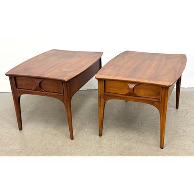 Pair Kent Coffey Perspecta Walnut End Tables. Bowed Tops and Carved Hourglass Pulls.