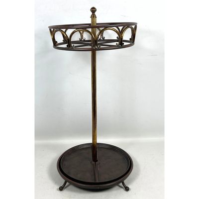Decorator Vintage Brass and Bronze Tone Metal Umbrella Stand and Cane Rack with Removable Drip Trays