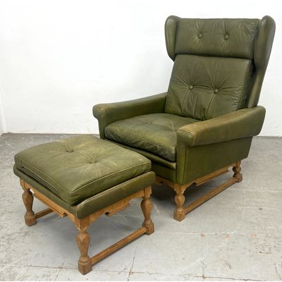 Svend Skipper Leather Tall Back Lounge Chair and Ottoman. Danish Oak.