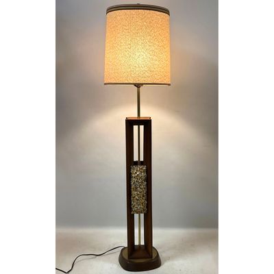 Mid Century Modern Walnut, Brass Floor Lamp. Tall Walnut Base has Applied Small Pebble/Rock Panels t
