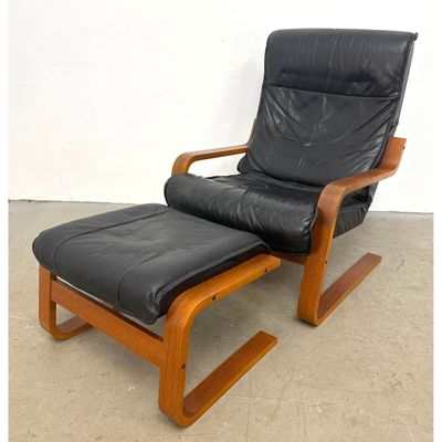2pc set Vintage Scandinavian Modern Cantilever Bentwood Lounge Chair and Ottoman with Black Leather