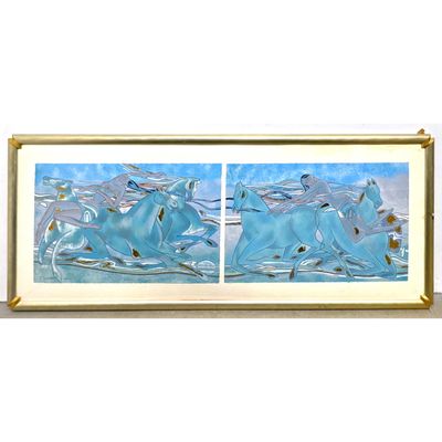 Yamin Young Diptych Celadon Horses Stylized Relief Prints in 1 Frame Pencil Signed and Numbered
