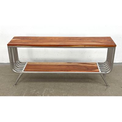 Contemporary 2 Tier Hall Bench with Polished Chrome Frame and Variegated Acacia Wood Shelves