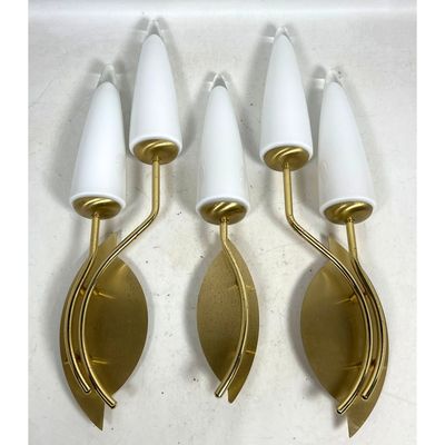 3pc Mid-Century Modern Gilt Metal and Opaline Glass Leaf Motif Wall Sconces