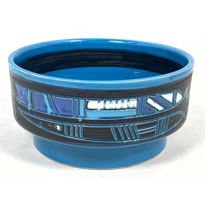Mid Century Italian Art Pottery Earthenware Fish Bowl. Blue and Black Sgraffito; Marked Italy 305