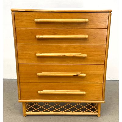 Mid-Century Modern 5 Drawer Tiki Style Chest with Bamboo Motif Trim and Rattan Lattice Base