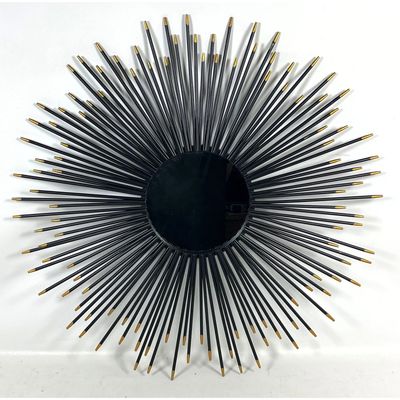 Contemporary Sunburst wall mirror with matte black metal spokes and gold toned painted tips