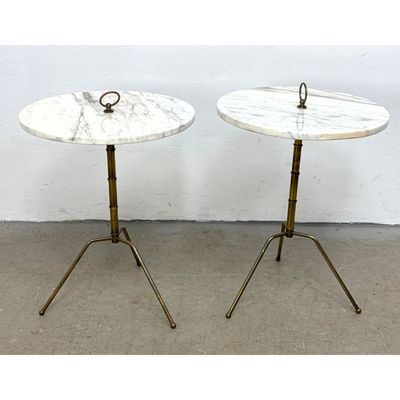 Pr Mid Century Modern Italian Marble Drink Tables. Round White Marble Tops with Ring Details.  Brass