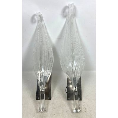 Pair of Contemporary Hand Blown Latticino Art Glass Leaf Wall Sconces with Polished Metal Mounts. Fr