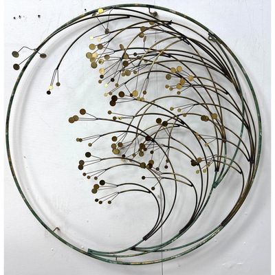 C. Jere Signed Large Kinetic Circular Metal Wall Sculpture Brass and Verdigris Green Dated 1981