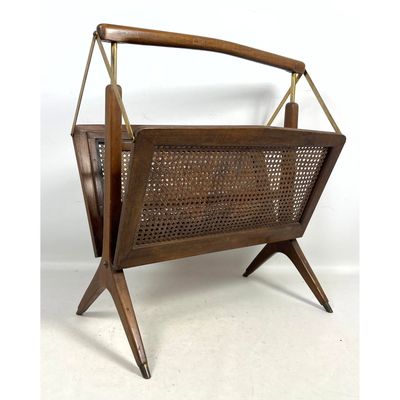 Italian Cesare Lacca Mid Century Modern Folding Wood and Cane Magazine Rack.