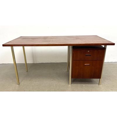 Mid-century modern walnut veneer single pedestal desk with square metal legs and recessed wood pulls