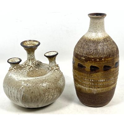 2pc lot of studio pottery including triple spouted stoneware vessel and tall sgraffito bottle vase s