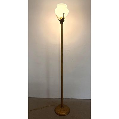 Art Deco style Textured Metal Torchiere Floor Lamp. Painted Finish. Frosted glass tulip shade. Unmar