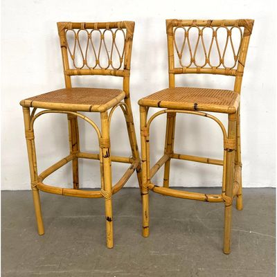 Pair of Vintage Tortoise Rattan and Bamboo Bar Stools with Woven Cane Seats and Loop Backrests