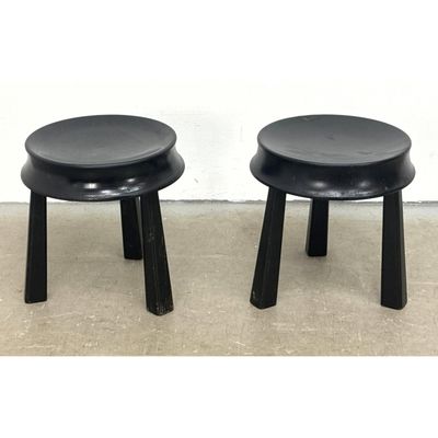 Pair Sergio Rodrigues Style Dish Top Stool Tables. Black finish.