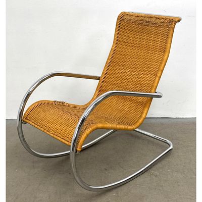 Italian Mid-Century Modern Wicker and Tubular Chrome Rocking Chair with Cantilevered Frame