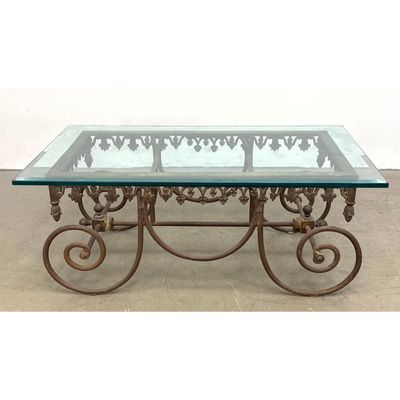 Wrought Iron and Brass Rectangular Coffee Table with Thick Glass Top and C-Scroll Volute Base.  Fren