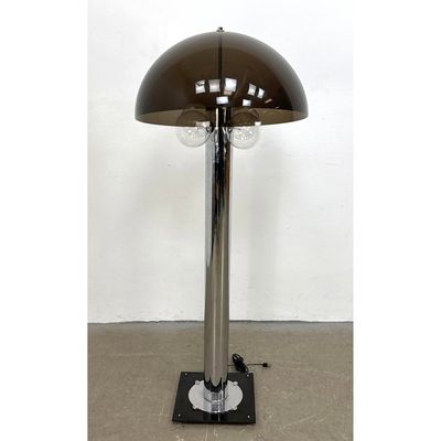 Modernist Design Mushroom Shade Chrome Floor Lamp. Smokes Lucite Dome Shade above Thick Chrome Colum