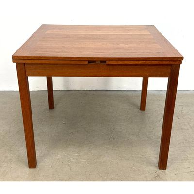 Danish Modern teak draw leaf dining table with square top and square profile legs marked Made in Den