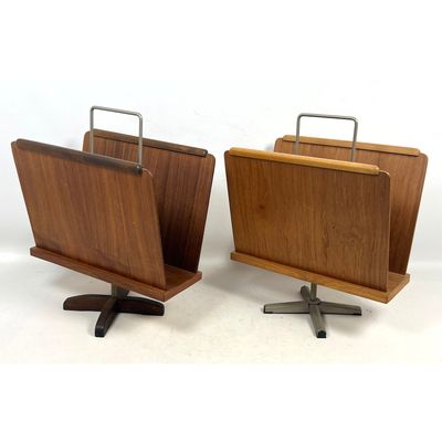 2 Vintage Danish Modern Teak and Steel Swiveling Magazine Racks, Stordal Norway, marked Norway.