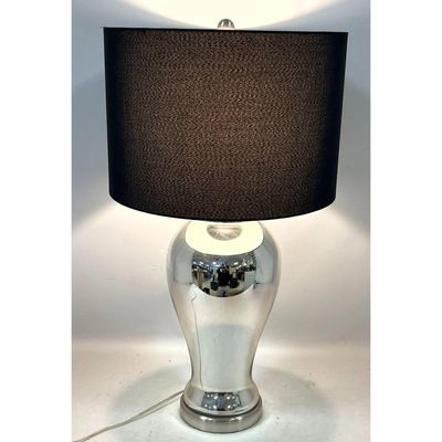 Glass. Modern Silvered Mercury Glass Urn Form Table Lamp with Brushed Nickel Base and Black Drum Sha