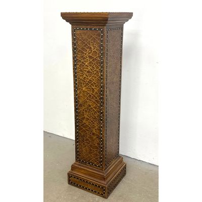 Contemporary Tall Square Wood and Faux Crocodile Skin Pedestal with Brass Nail head Trim