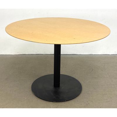 Bernhardt Design Round Cafe Table with Light Oak Veneer Top and Black Metal Pedestal Base