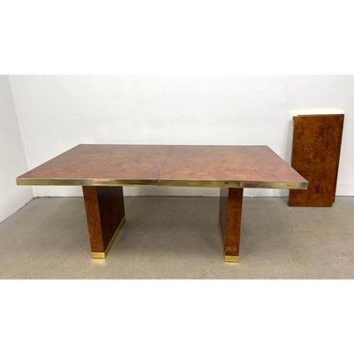 Pierre Cardin Burl Wood and Brass Extension Pedestal Dining Table with 2 Extension Leaves