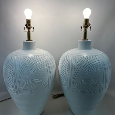 Pr CASUAL LAMPS White Urn Table Lamps. Incised Relief Relief Pattern. Marked; 1987.