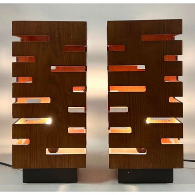 Pair of Modernist Brutalist Slotted Oak Veneer Column Table Lamps