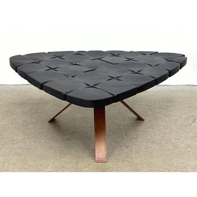 Designer Triangular Carved Wood Coffee Table with Sculptural Quilted Top and Patinated Metal Tripod