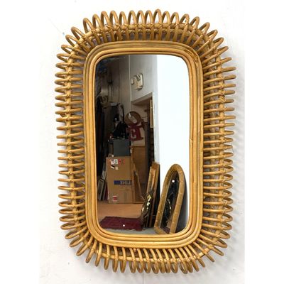 Rectangular Rattan Wall Mirror in the Style of Franco Albini. Loop wrapped design. Rounded Corner. C