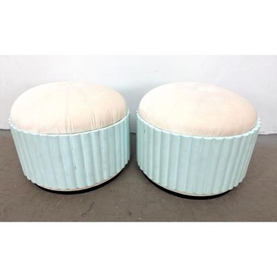 Pair of Circular Fluted Wood Base Pouf Ottomans with Tufted Velvet Upholstery. Art Deco Style.