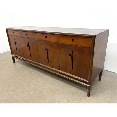 Mid-Century Modern Edmond Spence Swedish Walnut Credenza with 4 Drawers and 4 Star Cutout Cabinet Do