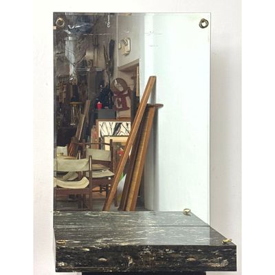 Mid Century Modern Wall Mounted Floating Vanity Desk with Integrated Mirror and Brass Hardware in Fa