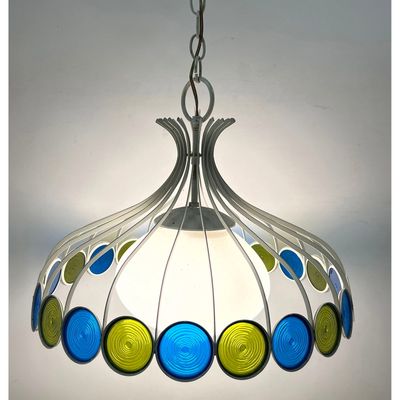 Plastic panels. Vintage Mid-Century Modern Swag Chandelier White Metal Frame Blue and Green Concentr