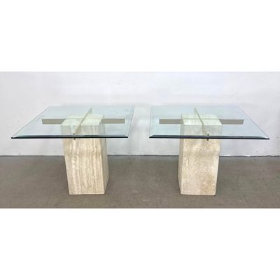 Pair of Artedi Postmodern Travertine Side Tables with Beveled Glass Tops