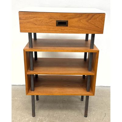 Chilewich Oiled Walnut and Metal 1 Drawer 3 Tier Display Cabinet Table with Molded Composite Top.