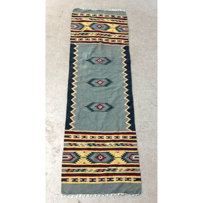 2'6 X 8'1  Southwest style hand woven wool rug runner with geometric diamond and stepped border moti