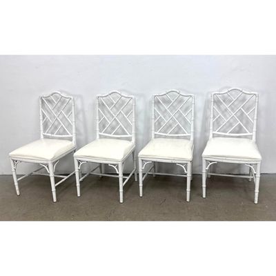 4pc Set of Hollywood Regency style faux bamboo side chairs with Chinese Chippendale fretwork and whi