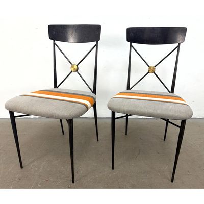 Pair of Mid-Century Modern Side Chairs. Regency style Metal and Wood  with Brass Medallions. Unsigne