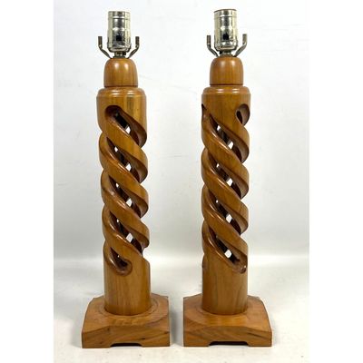Pr WILLIAM CIESIELSKI ? Tall Wood Double Helix Table Lamps. Artisan Studio Modernist Design.  Barley