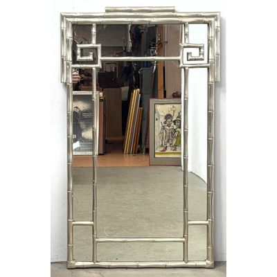 Large Italian Hollywood Regency Faux Bamboo and Greek Key Silver Leaf Wall Mirror