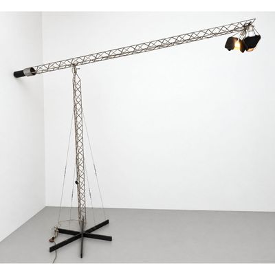 Extra Large Mid-Century Modern C. Jere  Industrial Crane Boom Floor Lamp with Dual Spotlights