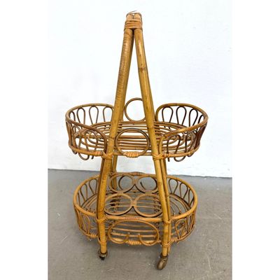 Vintage Modern Rattan and Bamboo 2 Tier Rolling Bar Cart. Serving Cart has Integrated Bottle Holders